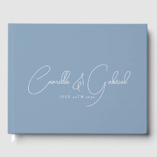 White Script Names Wedding Dusty Blue Guest Book