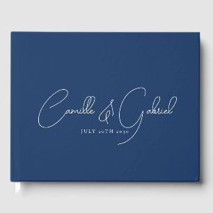White Script Names Wedding Navy Blue Guest Book