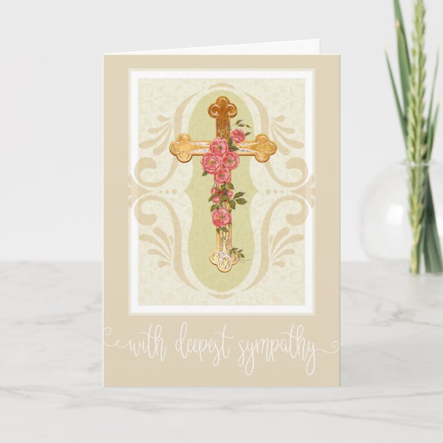 White Script Overlay | Gold Cross Roses Sympathy Card (Front)