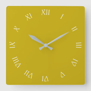 White Script Roman Numbers On Mustard arc Square Wall Clock