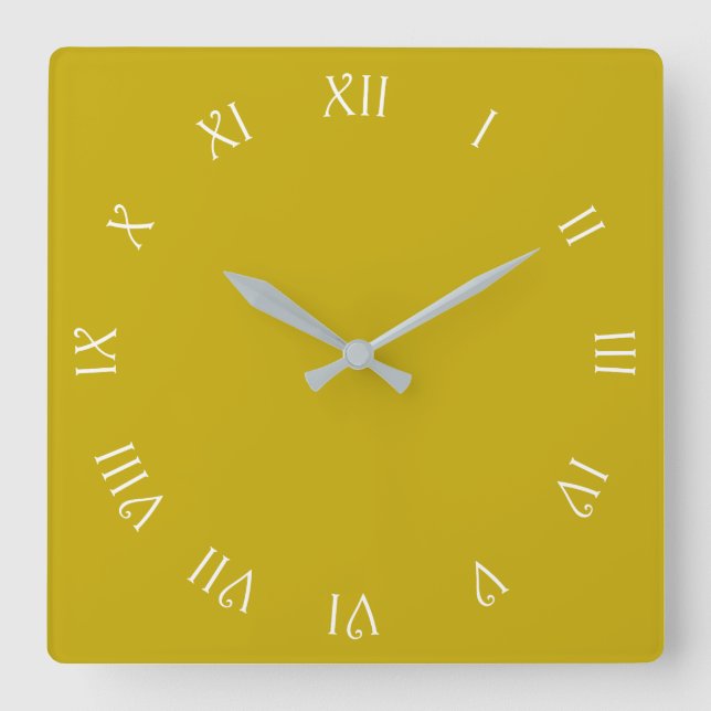 White Script Roman Numbers On Mustard arc Square Wall Clock (Front)