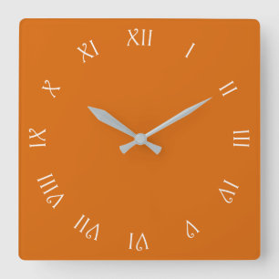 White Script Roman Numbers On Orange wccn Square Wall Clock