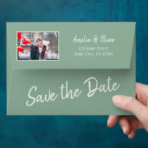 White Script Save the Date Return Address Photo Envelope