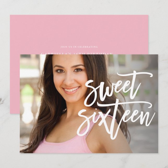 White Script Sweet Sixteen Photo Birthday Invite (Front/Back)