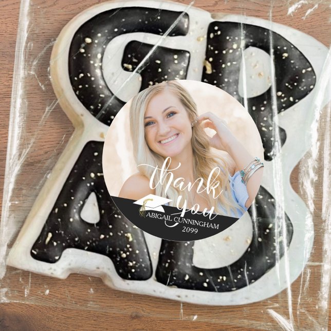 White Script Thank You Black Graduation Photo Classic Round Sticker (Creator Uploaded)