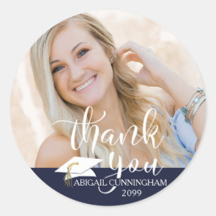 White Script Thank You Navy Blue Graduation Photo Classic Round Sticker