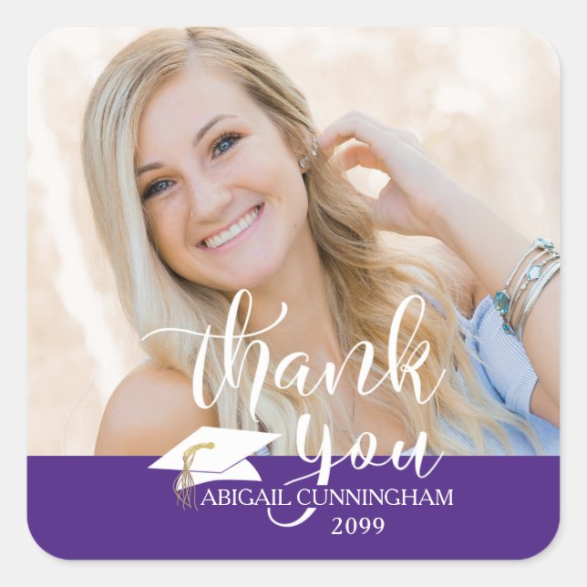 White Script Thank You Purple Graduation Photo Square Sticker (Front)