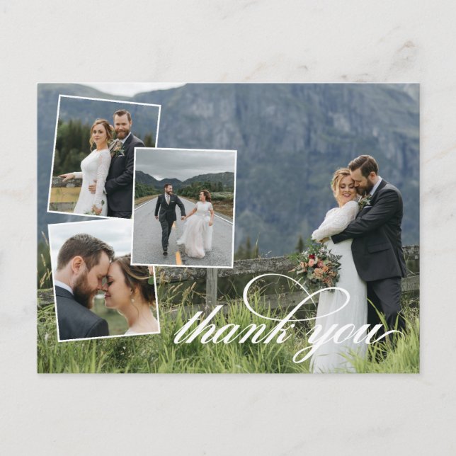 White Script Thank You Wedding Photo Collage Annou Announcement Postcard (Front)