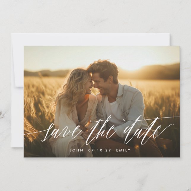White Script Two Photo Save the Date Announcement (Front)