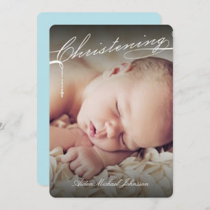 White Scripted Christening Cross Photo Religious Invitation