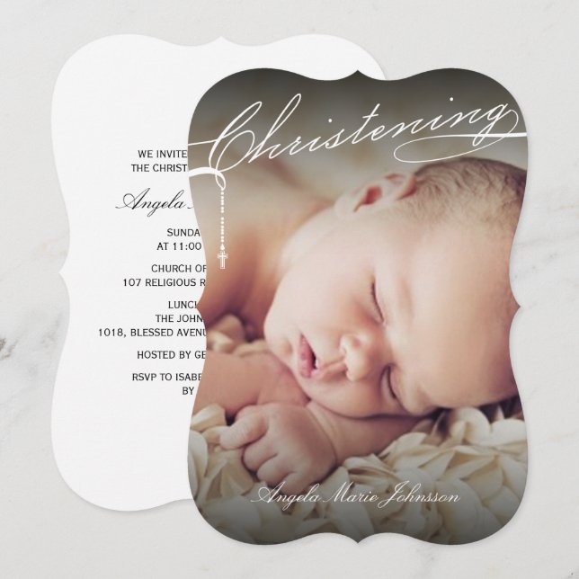 White Scripted Christening Cross Photo Religious Invitation (Front/Back)