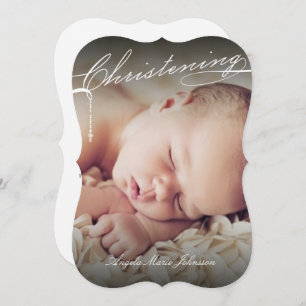 White Scripted Christening Cross Photo Religious Invitation