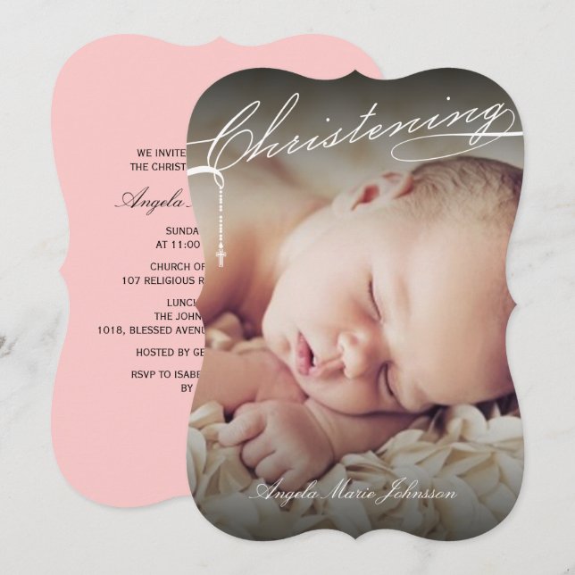 White Scripted Christening Cross Photo Religious Invitation (Front/Back)