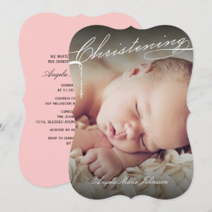 White Scripted Christening Cross Photo Religious Invitation