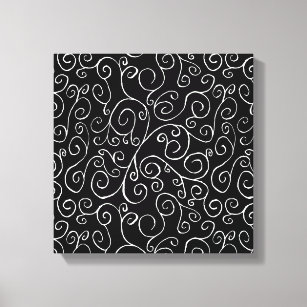 White Scrolling Curves on Black Canvas Print