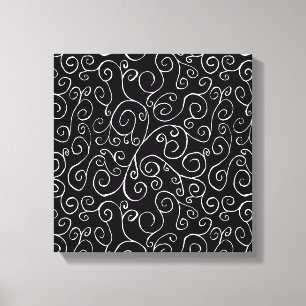 White Scrolling Curves on Black Canvas Print