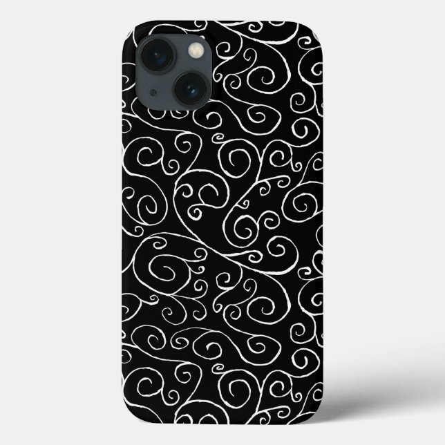 White Scrolling Curves on Black Case-Mate iPhone Case (Back)