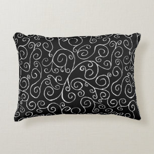 White Scrolling Curves on Black Decorative Cushion