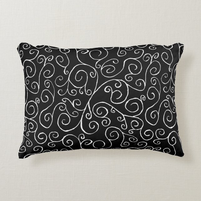 White Scrolling Curves on Black Decorative Cushion (Front)