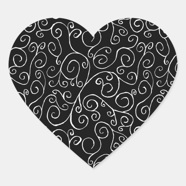 White Scrolling Curves on Black Heart Sticker (Front)