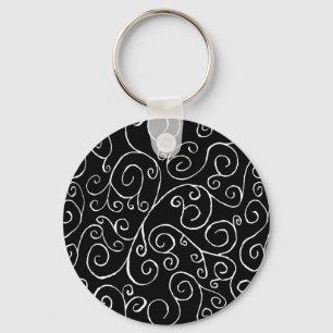 White Scrolling Curves on Black Key Ring
