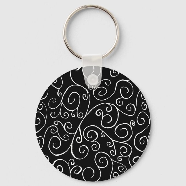 White Scrolling Curves on Black Key Ring (Front)