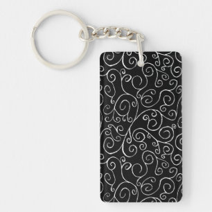 White Scrolling Curves on Black Key Ring