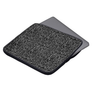 White Scrolling Curves on Black Laptop Sleeve