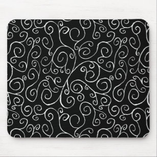 White Scrolling Curves on Black Mouse Mat