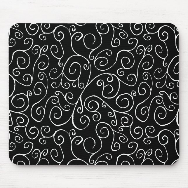 White Scrolling Curves on Black Mouse Mat (Front)