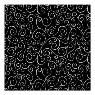 White Scrolling Curves on Black Poster