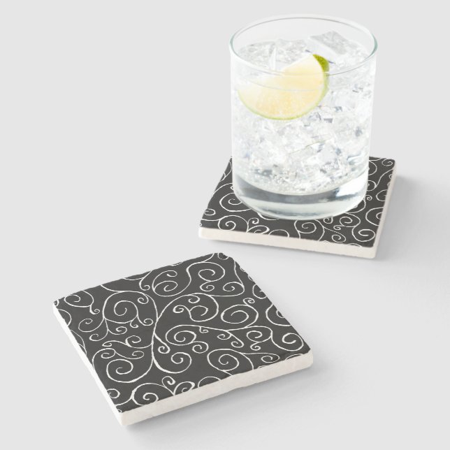 White Scrolling Curves on Black Stone Coaster (Side)