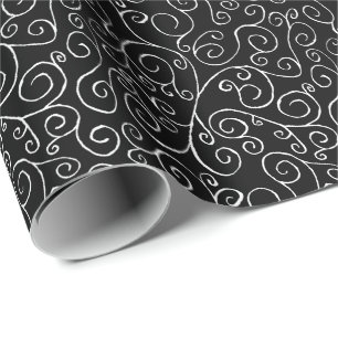 White Scrolling Curves on Black Wrapping Paper