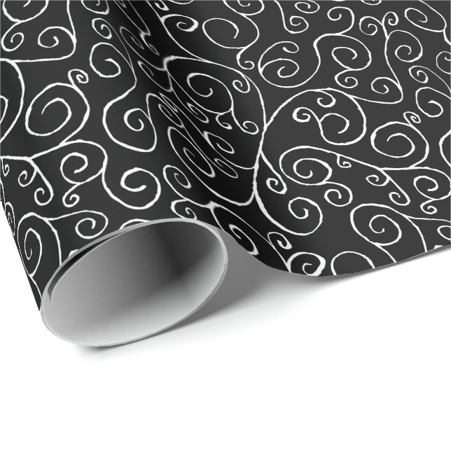 White Scrolling Curves on Black Wrapping Paper (Roll Corner)