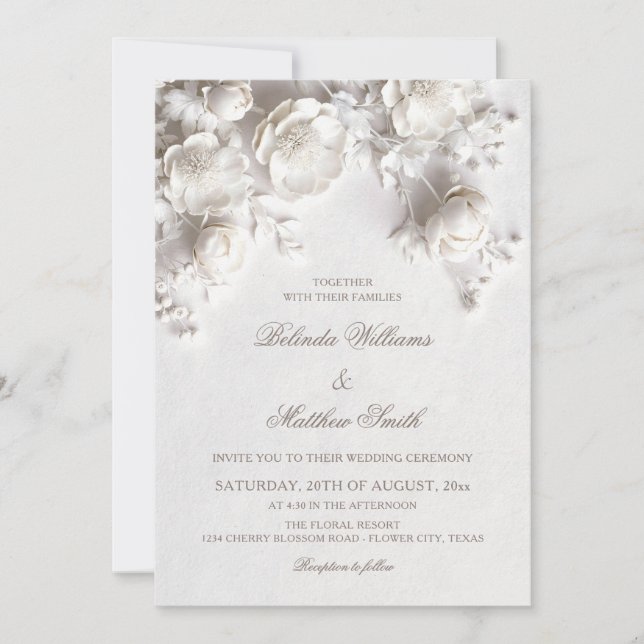 White Sculptured Flowers 3D Roses Wedding Invitati Invitation (Front)