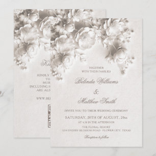 White Sculptured Flowers 3D Roses Wedding Invitation