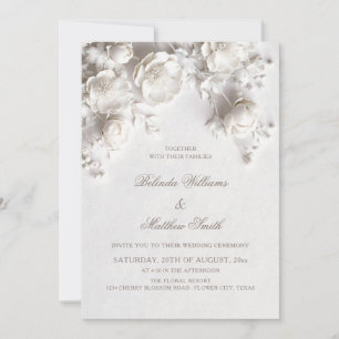White Sculptured Flowers 3D Roses Wedding Invitation