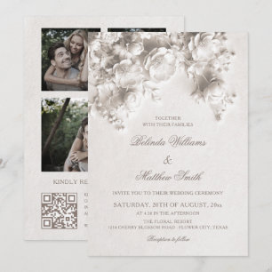 White Sculptured Flowers 3D Roses Wedding Invitation