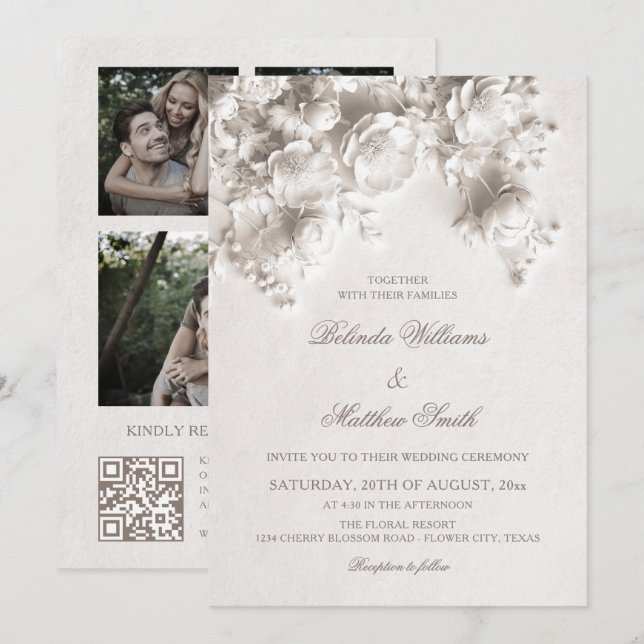 White Sculptured Flowers 3D Roses Wedding Invitation (Front/Back)