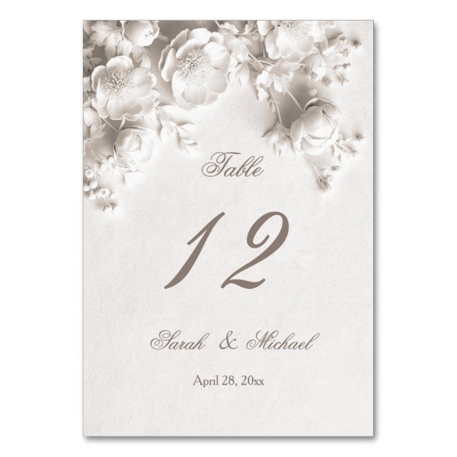 White Sculptured Flowers Wedding   Table Number (Front)