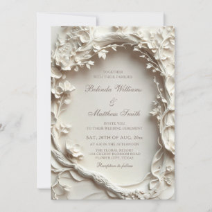 White Sculptured Flowers Wreath Wedding Invitation