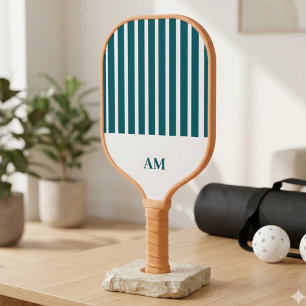 White & Sea Green Stripes Country Club Monogram Pickleball Paddle