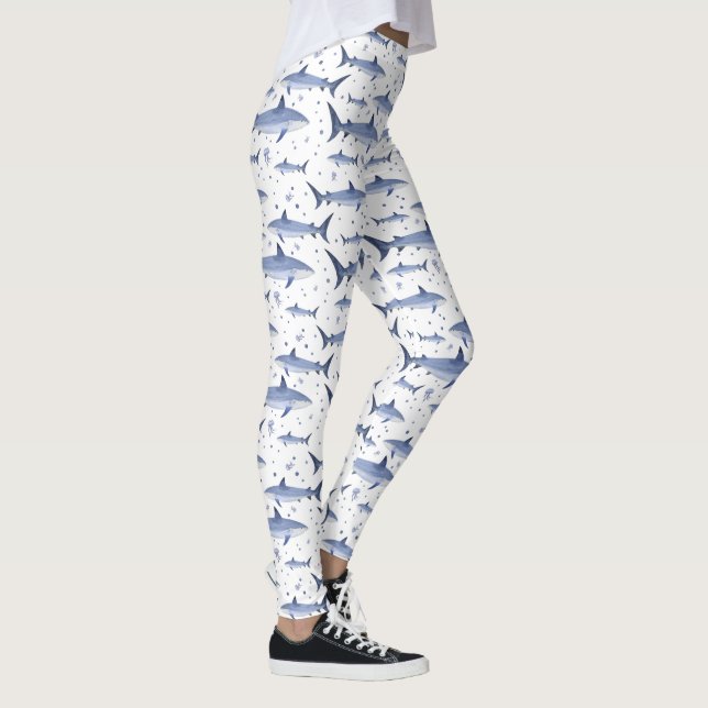 White Sea Life Shark Jellyfish Watercolor Pattern Leggings (Right)