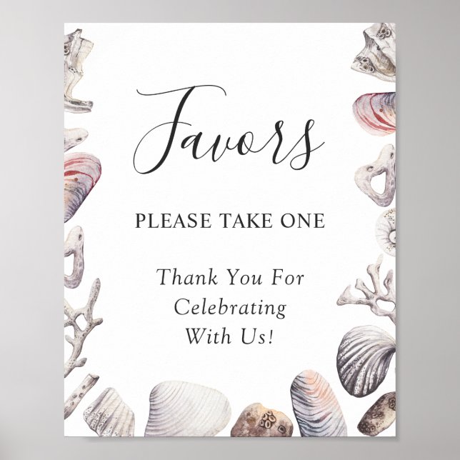 White Sea Shell Coral Beach Wedding Favours Sign (Front)