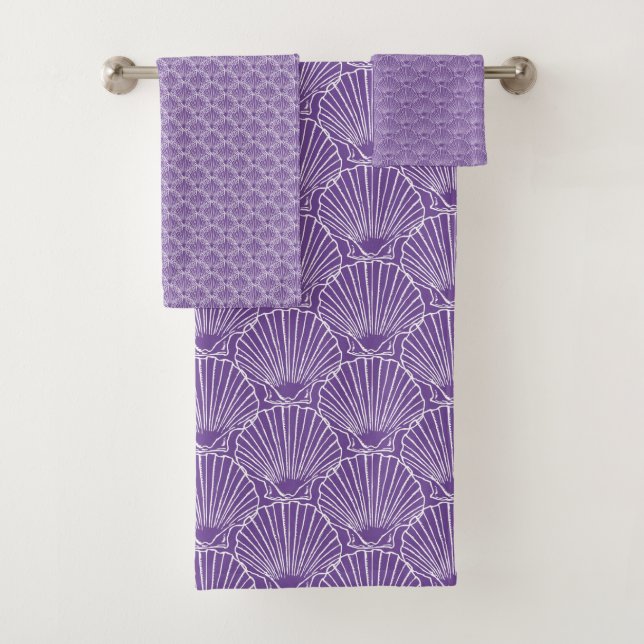 White Sea Shell Pattern Over Purple  Beach House Bath Towel Set (Insitu)