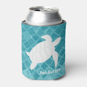 White Sea Turtle  Aqua Sea Glass Your Text Can Cooler