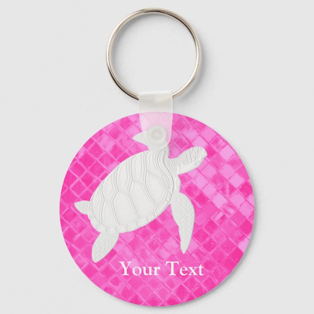 White Sea Turtle Pink Sea Glass Personalise Key Ring (Front)