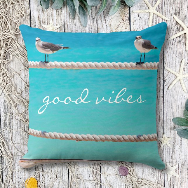 White Seagull Beach Birds Photo Good Vibes Quote Cushion (Creator Uploaded)