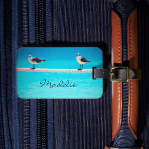 White seagull birds by ocean photo custom name luggage tag