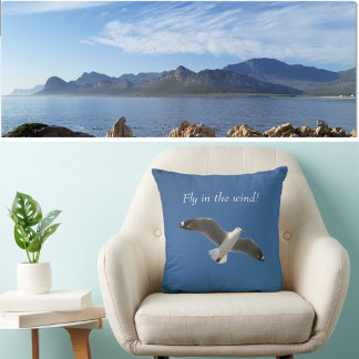 White Seagull Flying Deep Blue Sky Inspirational Cushion